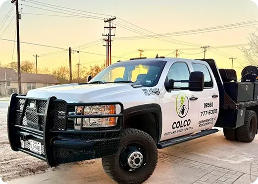 White Colco flatbed service truck with a black brush guard parked at sunset.