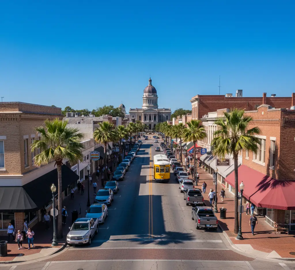 Aerial view of a palm tree-lined, bustling main street in a historic downtown, looking toward a distant, domed state capitol building under a bright blue sky. A yellow trolley bus drives down the center of the street, which is flanked by parked cars and brick storefronts with awnings.