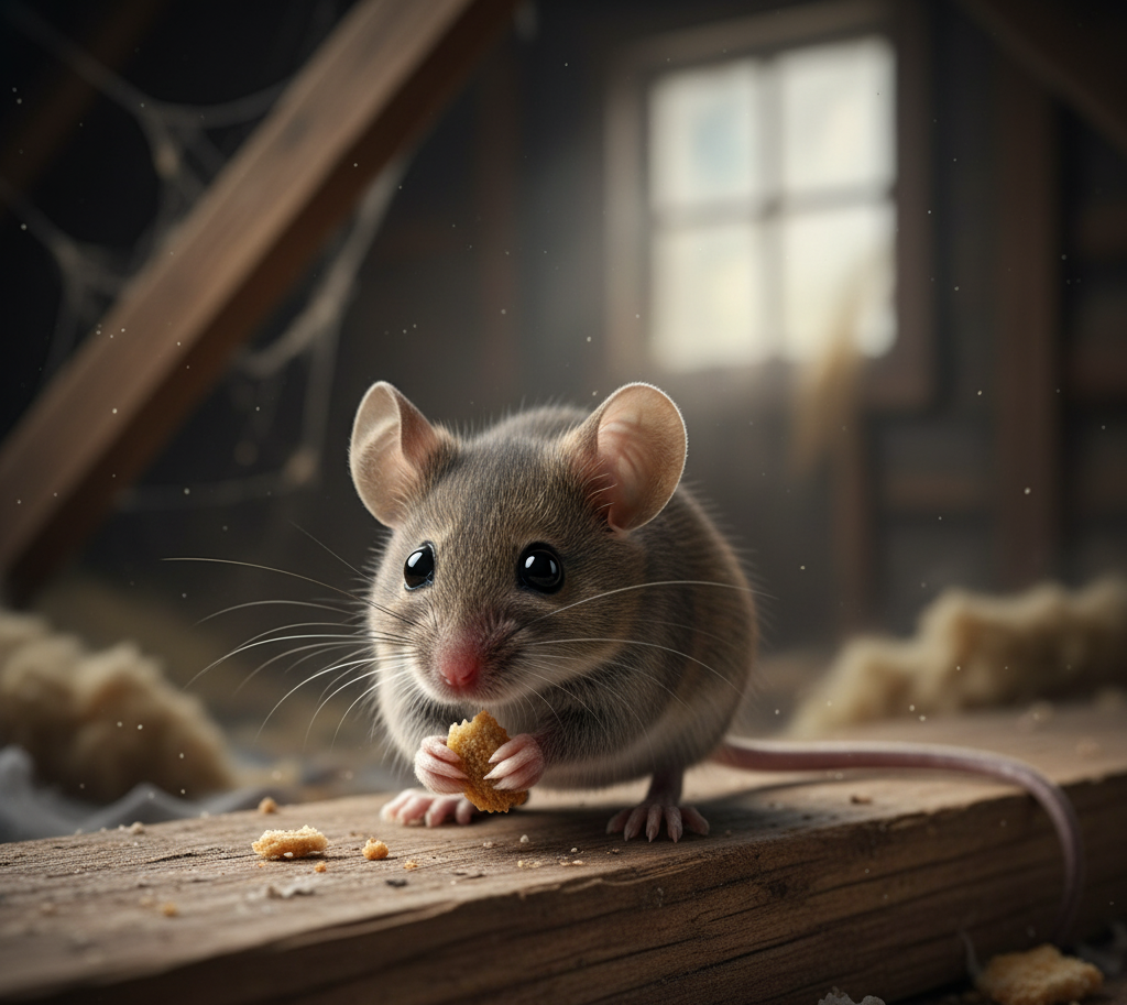 Close-up, high-quality photograph of a small, cute house mouse with large ears and big black eyes, sitting on a wooden plank in a dusty, dimly lit attic or crawlspace and nibbling on a small cracker or food scrap.