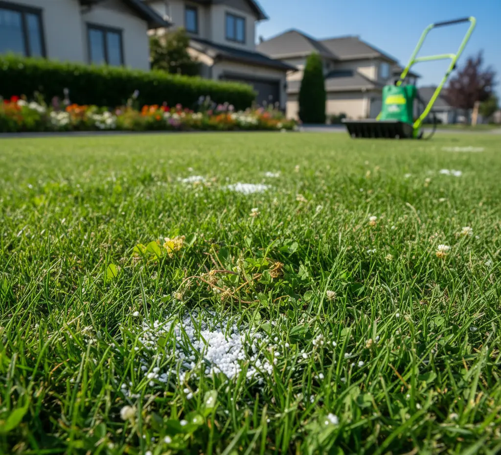Close-up, low-angle view of a residential lawn showing small piles of white, granular pellets, likely insecticide or fertilizer, scattered on the grass and clover, with a push-style broadcast spreader visible in the blurred background.