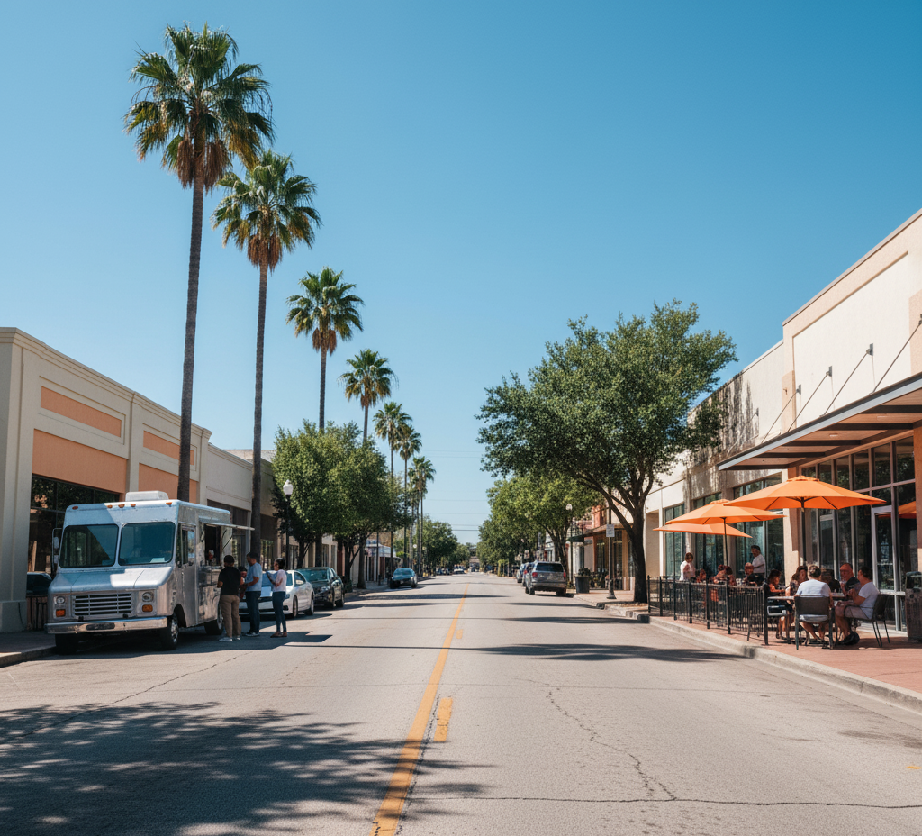 A sunlit, wide-angle street view of a small shopping or dining area. Tall palm trees line the left side of the street, where a silver food truck is parked with people ordering. On the right, a restaurant features an outdoor patio with orange umbrellas and patrons seated at tables. The street has a yellow dividing line and is clear of heavy traffic.