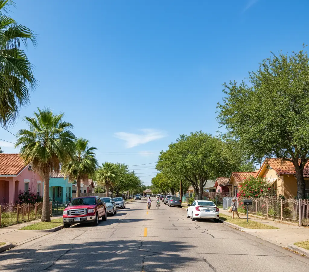 A sunny, straight-on view of a residential street lined with colorful single-story stucco houses, many with terra cotta tiled roofs, framed by tall palm trees on the left. The houses have decorative metal fences. Two people are riding bicycles down the center of the road, and several cars are parked along the sides.