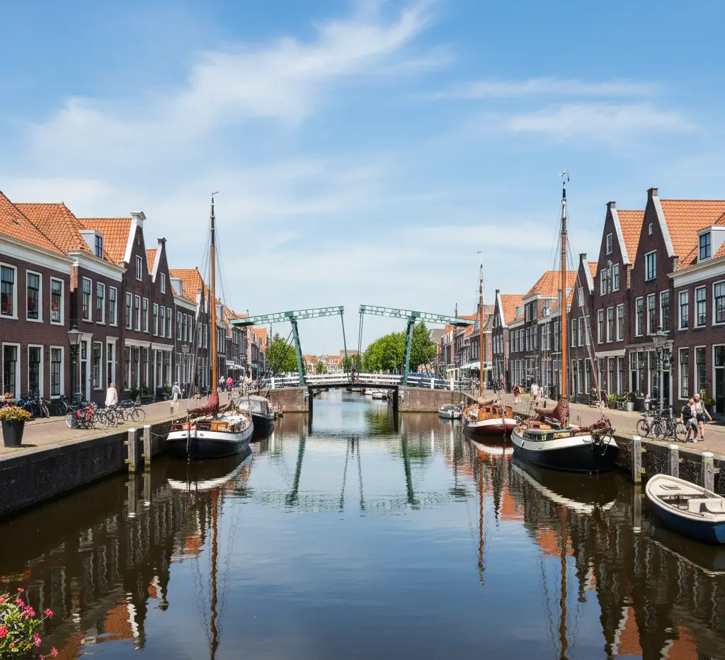 A wide view of a calm, narrow canal in a Dutch city under a blue, cloudy sky. Both sides of the canal are lined with tall, classic brick houses featuring distinctive red-tiled gabled roofs. Several historic wooden sailing ships with tall masts are moored along the banks. In the distance, a light-green steel drawbridge spans the canal.