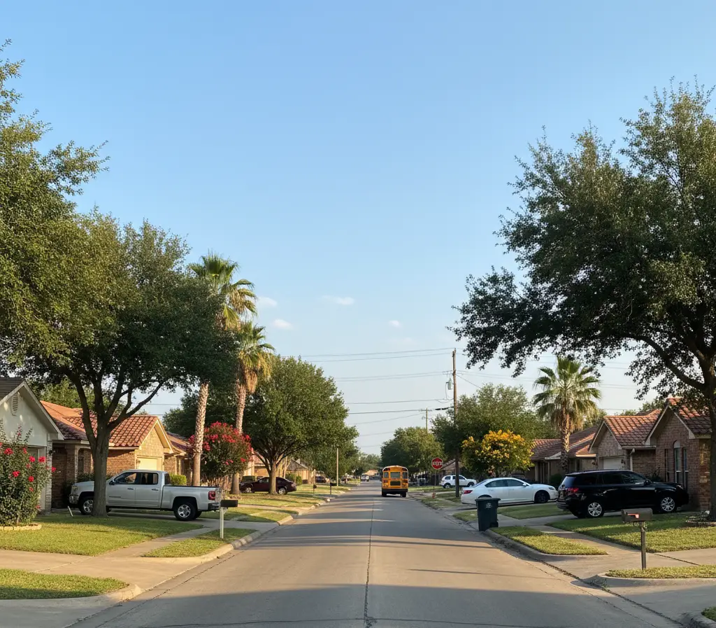 A sunny, ground-level view down a straight suburban street. The road is lined with single-story houses featuring red-tiled roofs and well-maintained green lawns. The street is shaded by a mix of mature green trees and tall palm trees, with cars parked along the curbs. A utility pole and stop sign are visible in the distance.