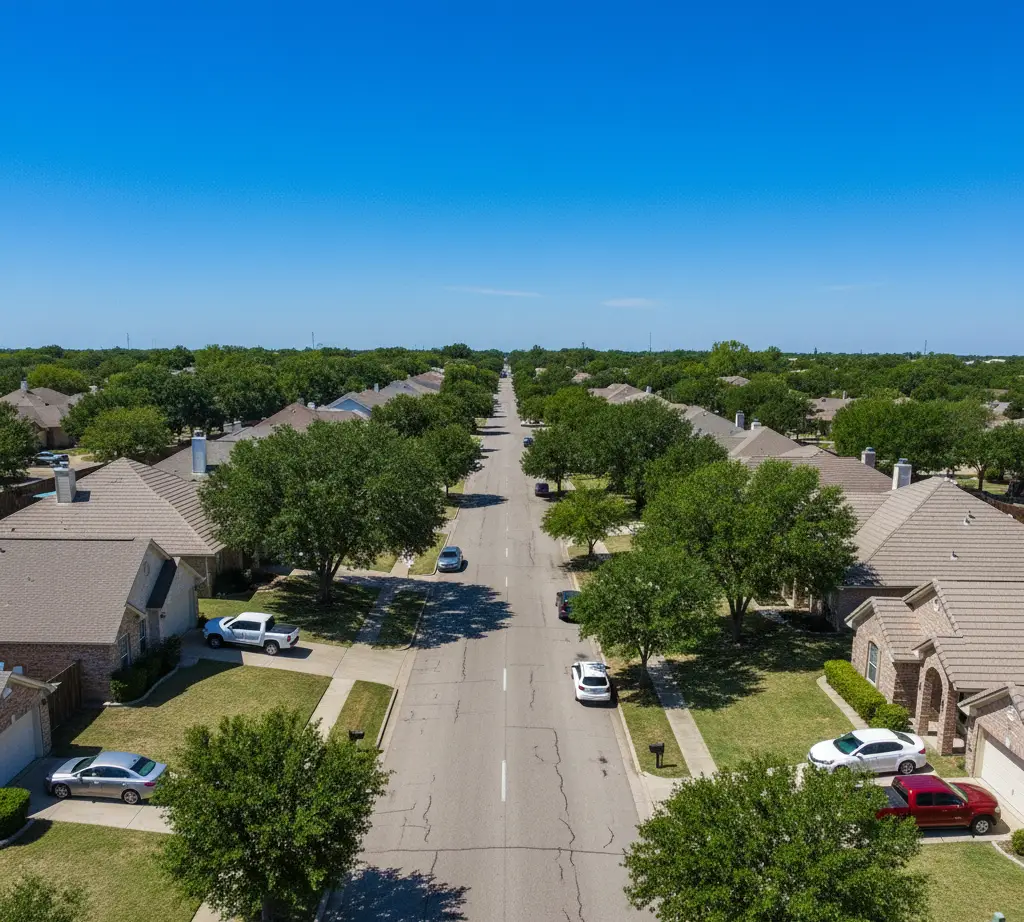 Aerial view of a long, straight residential street cutting through a suburban neighborhood lined with identical single-story brick and stone houses with tan roofs. Large, mature green trees shade the lawns and street, and several cars are parked in the driveways and along the curb under a clear blue sky.