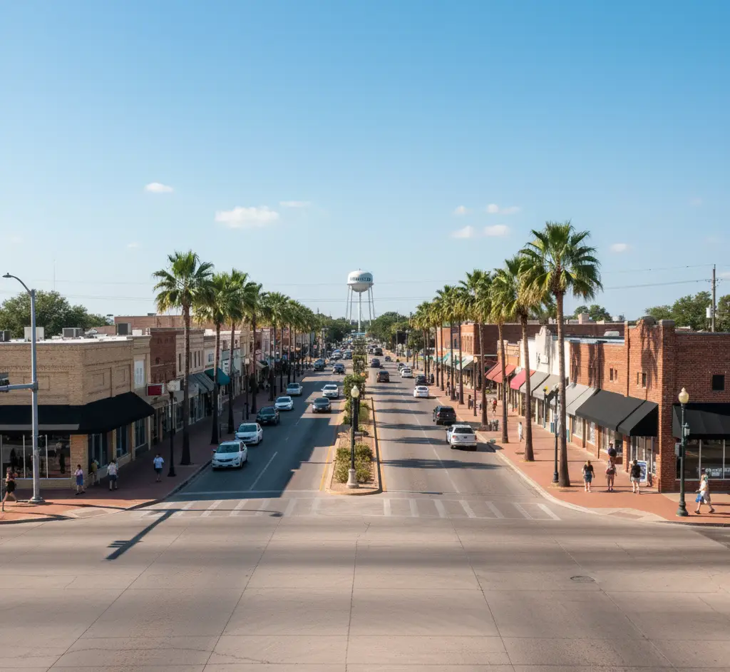 A busy downtown street featuring a long row of uniform palm trees down the median and along the sidewalks, framed by brick and stucco storefronts on both sides. In the far distance, a tall white water tower stands against the blue sky.