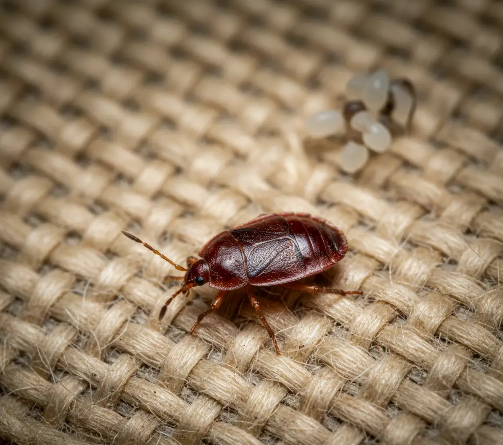 A close-up photograph of a reddish-brown insect resembling a bed bug, next to a cluster of small, pale, oval eggs on a woven burlap or canvas-like fabric.