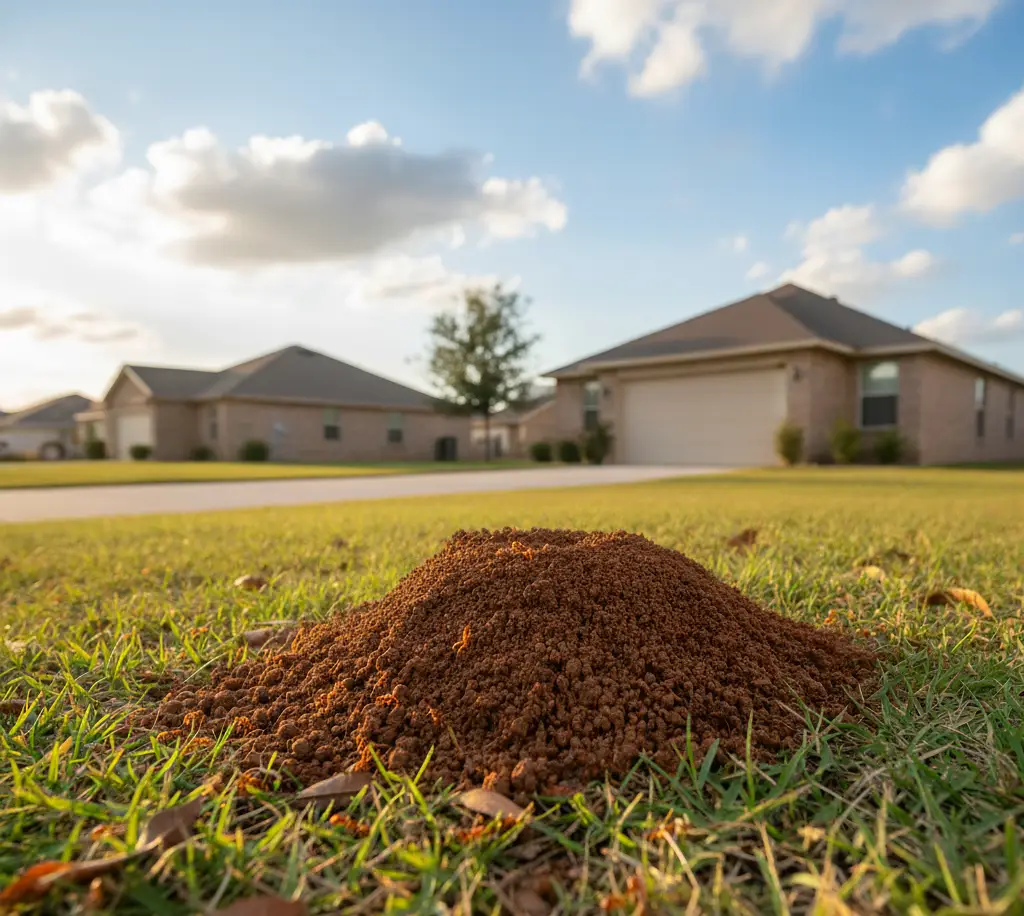 A large, prominent mound of reddish-brown, loose soil centered in a green, well-maintained suburban lawn, with blurred single-family houses and a tree in the background under a partly cloudy sky.