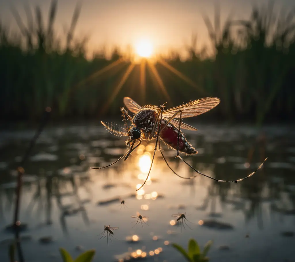 A close-up, macro photo of a mosquito hovering just above the surface of a murky pond or puddle at sunset, with its legs dangling and several smaller mosquitos visible below.